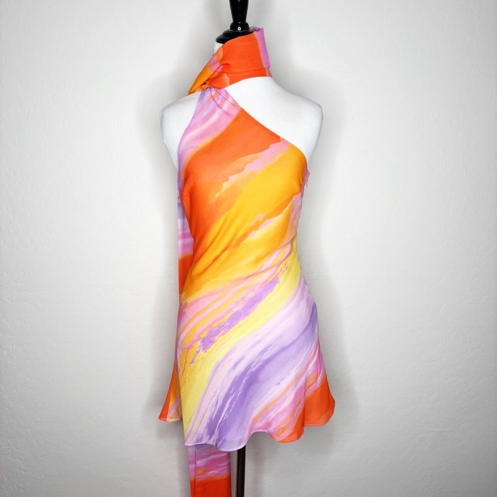 For Love & Lemons Sunny Mini Dress XS Sunset Tie Dye Orange Pink Resort Party